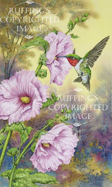 "A Visitor In My Garden" AER6 by A E Ruffing Hummingbird Bird and Flower