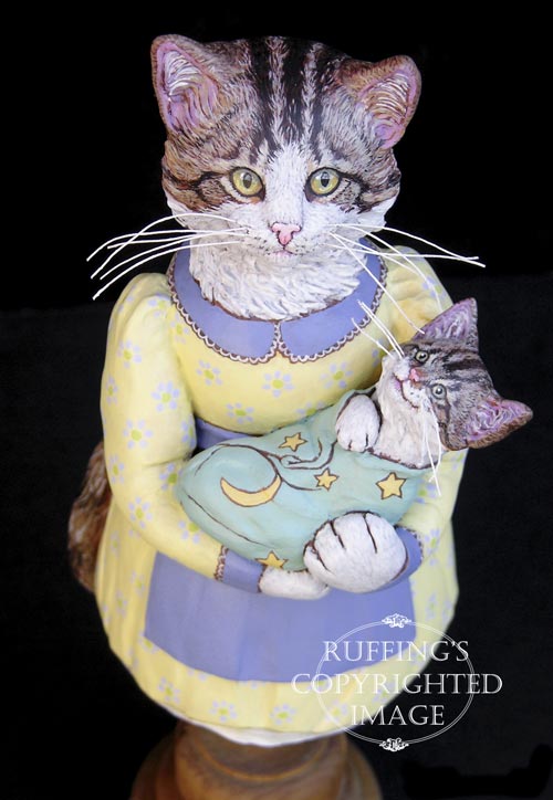 Belinda and BoBo, Original One-of-a-kind Tabby Cat Mother and Kitten Art Doll Figurine by Max Bailey