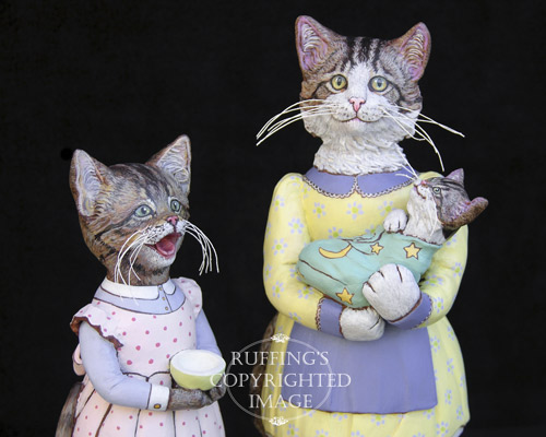 Belinda and BoBo, and Crybaby, Original One-of-a-kind Tabby Cat Mother and Kitten Art Doll Figurine by Max Bailey