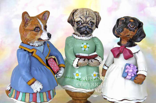 Cassie Corgi, Tillie the Pug Dog, and Dinah Dachshund, Original One-of-a-kind Folk Art Dog Doll Figurines by Max Bailey