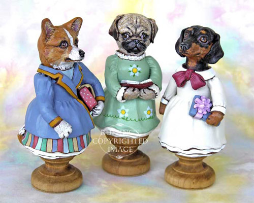 Cassie Corgi, Tillie the Pug Dog, Dinah Dachshund Original Folk Art Doll Figurines by Max Bailey
