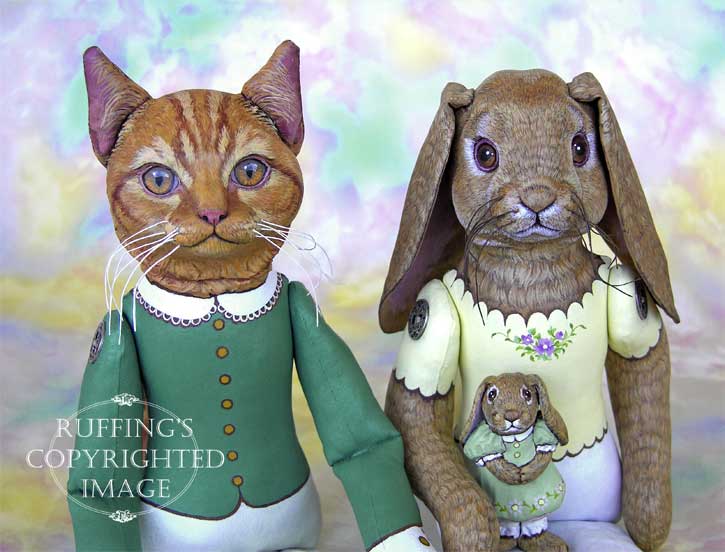 Emily and Beatrice Original Folk Art Cat and Lop Rabbit Dolls by Max Bailey and Elizabeth Ruffing