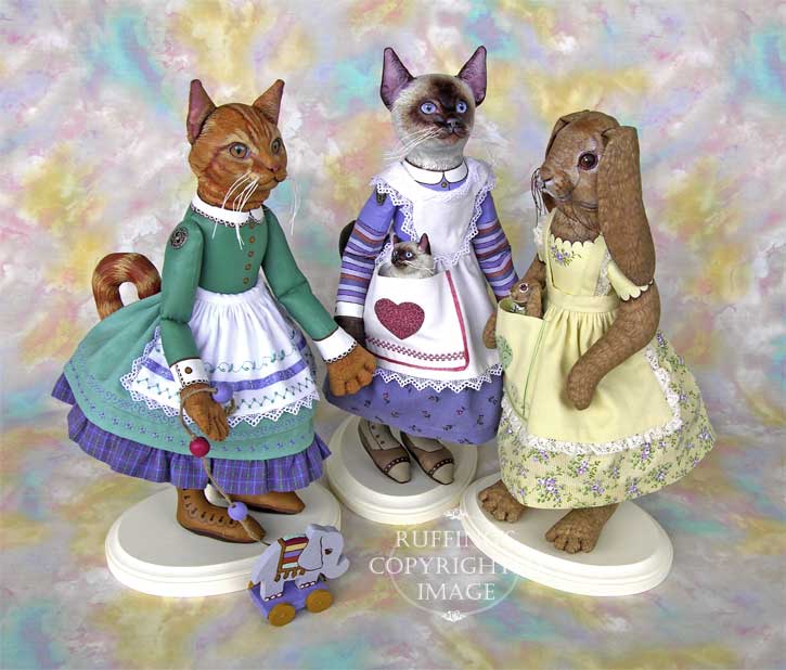 Emily, Loretta, and Beatrice Original Folk Art Cat and Rabbit Dolls by Max Bailey and Elizabeth Ruffing