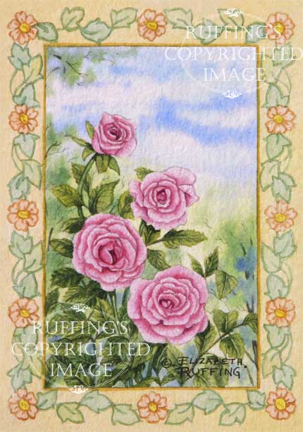 "Pink Roses With Gold Border" ER26 by Elizabeth Ruffing Floral Original Watercolor Painting