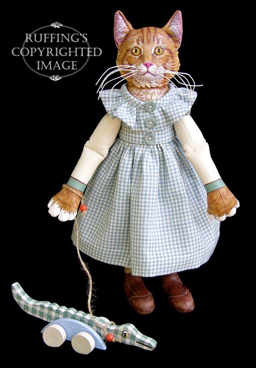 Ginger and George, Original One-of-a-kind Folk Art Tabby Cat Doll with Alligatorby Max Bailey