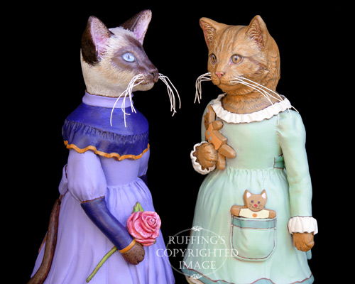 Isadora and Ginnie, Siamese and Ginger Tabby Cat Folk Art Doll Figurines by Max Bailey