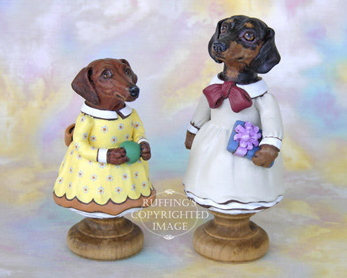 Janie and Dinah the Dachshunds, Original One-of-a-kind Folk Art Dog Doll Figurines by Max Bailey