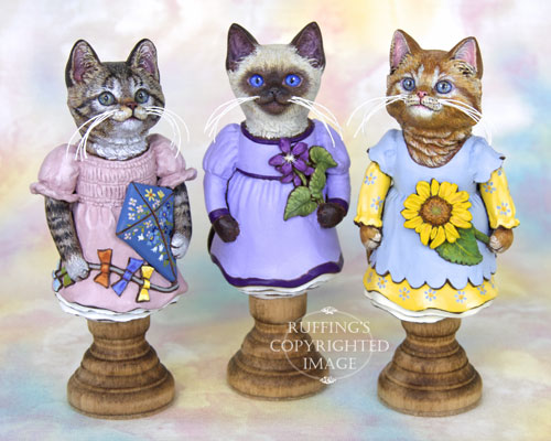 Katie, Violet the Siamese Kitten and Sunflower, Original One-of-a-kind Folk Art Cat Doll Figurines by Max Bailey