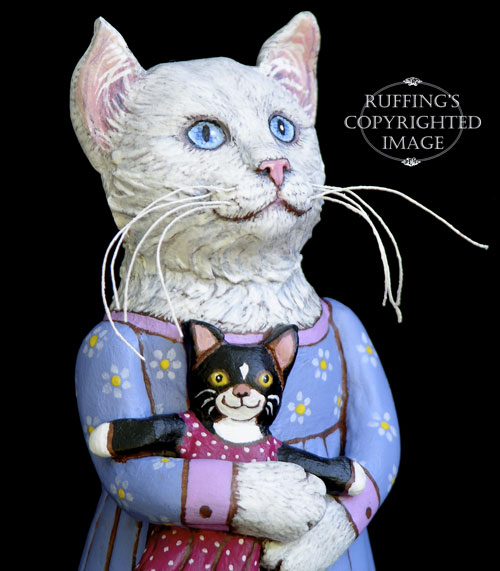 Lily and Caroline, Original One-of-a-kind White and Tuxedo Cat Folk Art Doll Figurine by Max Bailey