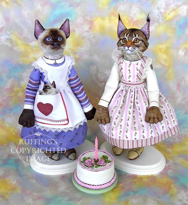 Loretta and Lulu, Chelsea Maine Coon Original Folk Art Cat Dolls by Max Bailey and Elizabeth Ruffing