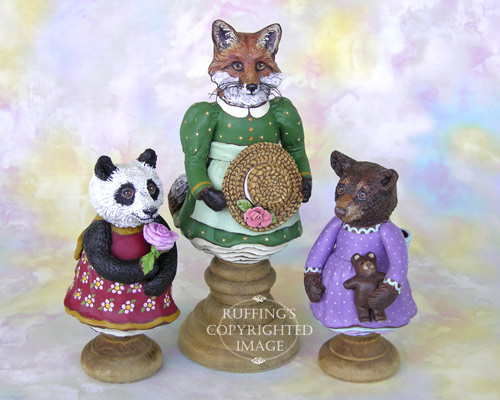 Loxie the Red Fox, Miranda Panda, and Patsy the Brown Bear, Original One-of-kind Folk Art Doll Figurines by Max Bailey