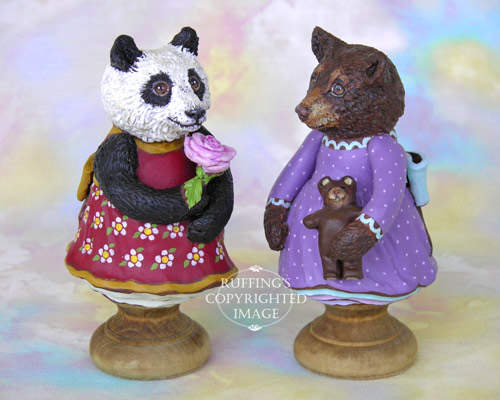 Miranda the Panda and Patsy the Brown Bear, Original One-of-a-kind Folk Art Doll Figurines by Max Bailey